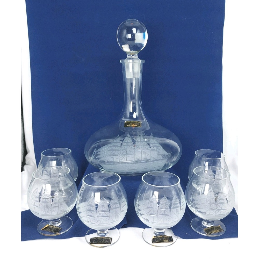 Toscany Etched Crystal Clipper Ship Decanter + 6‎ Brandy Glasses Vintage w/label